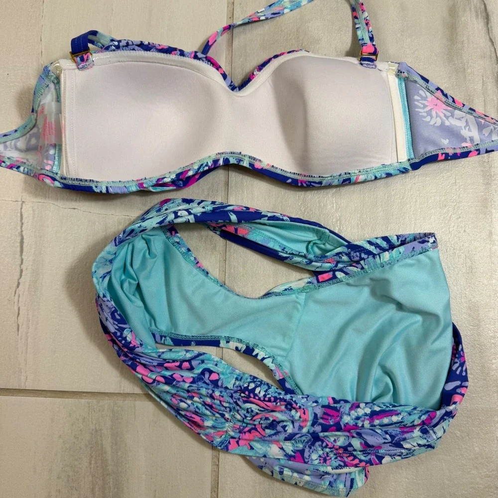 Lilly Pulitzer Bikini Set Blue Pink Tropical Floral Bandeau Top 8 Bottom 6